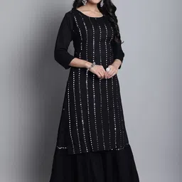 KALINI Striped Embroidered Mirror Work Straight Kurta With Sharara-image-20