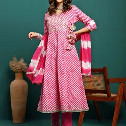 Sangria Leheriya Printed & Embroidered Pure Cotton Anarkali Kurta With Trouser & Dupatta-picture-14
