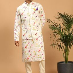 VASTRAMAY Men Floral Printed Kurta with Churidar & Nehru Jacket-picture-4