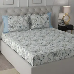 MASPAR Backyard Patio Blue Floral-Printed 200TC Cotton Single Bedsheet & 2 Pillow Cover-picture-28