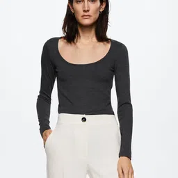 MANGO Women Charcoal Grey Ribbed Sustainable T-shirt-picture-40