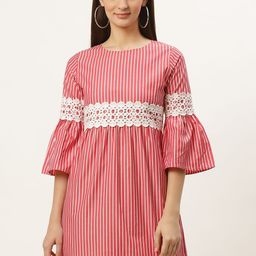 Style Quotient Women Coral Red & White Striped Empire Dress-picture-23
