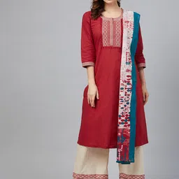 Biba Women Rust Red & Cream-Coloured Yoke Design Kurta with Palazzos & Dupatta-picture-14