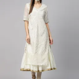 Biba Women Off-White Golden Woven Design Layered A-Line Kurta-image-31