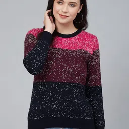 Cayman Women Navy Blue & Maroon Colourblocked Pullover Acrylic Sweater-picture-34
