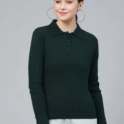Cayman Women Green Ribbed Acrylic Pullover Sweater-picture-12