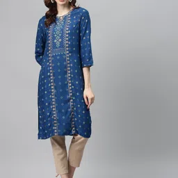 Global Desi Women Blue & Golden Ethnic Motifs Print Sustainable Straight Kurta-picture-20