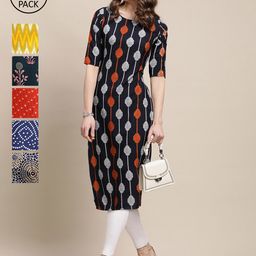7threads 1 Stop Fashion Women Black & Navy Blue Geometric Printed Crepe Pack of 6 Kurta-picture-23