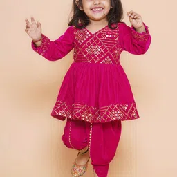 BAESD Girls Ethnic Motifs Embroidered Velvet A-Line Mirror Work Kurti With Dhoti Pant-picture-28