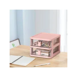 House of Quirk Pink 2 Tier Transparent Office Desktop Drawer Organizer image 1