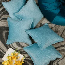 HOSTA HOMES Turquoise Blue Set of 5 Embroidered Velvet Square Cushion Covers-picture-2