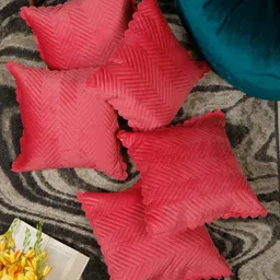 HOSTA HOMES Pink & Beige Set of 5 Velvet Square Cushion Covers-picture-0