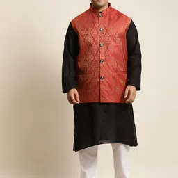 SOJANYA PLUS Men Plus Size Black Solid Kurta & Churidar Comes With a Nehru Jacket-picture-34