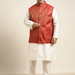 SOJANYA PLUS Men Plus Size Off White Solid Kurta & Churidar Comes With a Nehru Jacket-picture-29