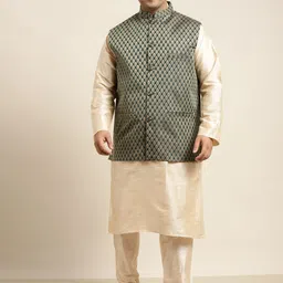 SOJANYA PLUS Men Plus Size Beige Solid Kurta & Churidar Comes With a Nehru Jacket-picture-41