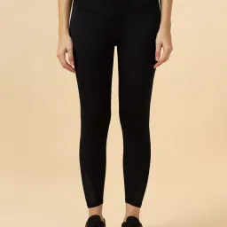 Fitkin Women Black High-Waist Tights with Mesh Waist Panels-picture-12