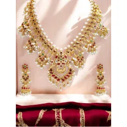 OOMPH Gold Tone Ethnic Temple Jewellery Necklace Set - Red and Green Stone and Beads-picture-13