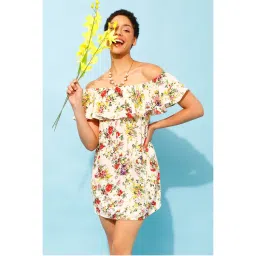 Clovia Pretty Florals Resortwear Bardot Dress In - Crepe White-picture-12