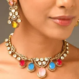 Abdesigns Multi-Color Elegant Gold Plated Polki Studded Necklace with Earrings image 1