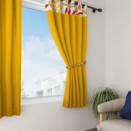 Swayam Blackout Eyelet Window Curtain - Solid Yellow With Floral Print Border image 1