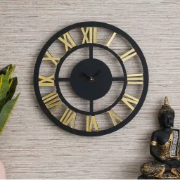 eCraftIndia Black & Golden Modern Round Shape Roman Numerals Wooden Wall Clock-picture-14
