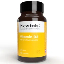 HK VITALS Vitamin D3 (600 IU) (60 Capsules) | With Sunflower Oil, Promotes Calcium Absorption | Bone Health, Muscle Strength & Immunity image 1