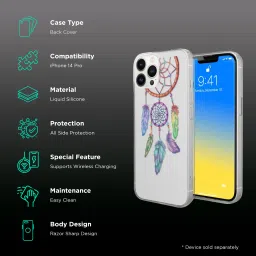 Macmerise Dream Catcher Feathers Liquid Silicone Back Cover for Apple iPhone 14 Pro (Supports Wireless Charging, Multi Color) image 2