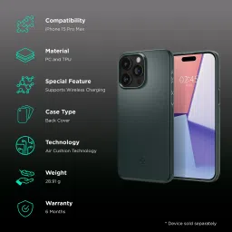 spigen Thin Fit PC and TPU Back Cover for iPhone 15 Pro Max (Air Cushion Technology, Abyss Green) image 2