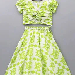 Leons Fab Girls Green Print Tie Side Blouse Puffed Sleeves Top Ruffle Trim Lehenga Set-picture-42