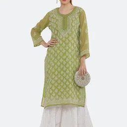 FIIZA Embroidered Pure Georgette Thread Work Kurti-picture-12