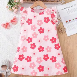 White World Girls Floral Printed Flutter Sleeve A-Line Dress-image-3