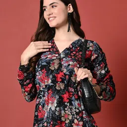 Lihana Women V-Neck Floral Printed Georgette Wrap Dress With Asymmetrical Hem image 4