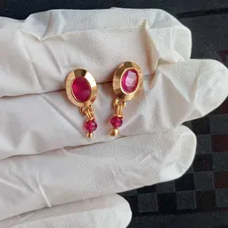 Shrim jewels Brass-Plated Faux Ruby Studded Oval Shaped Drop Earrings image 2