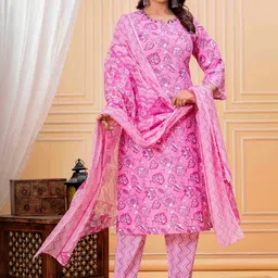 Tvyozs Floral Printed Notch Neck Pure Cotton Kurta With Trousers & Dupatta image 4