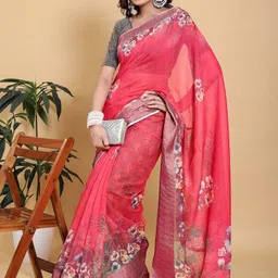 DAATAR Floral Printed Woven Design Zari Pure Linen Saree image 5