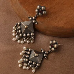 VENI 92.5 Silver-Plated Beaded Contemporary Oxidised Drop Earrings-picture-25