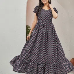 CHANSI Women Cotton Floral Print Puff Sleeve Fit & Flare Maxi Dress-picture-49