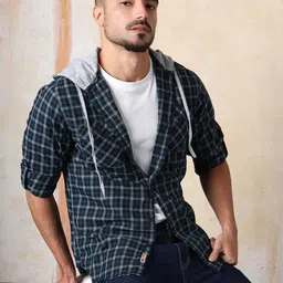 High Star Men Regular Fit Spread Collar Tartan Checked Cotton Hooded Casual Shirt-image-35