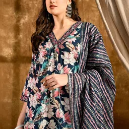 KEOSA Women Floral Printed Regular Pure Cotton Kurta with Trousers & With Dupatta image 3