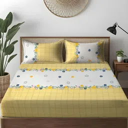 WEAVE AND DECOR Yellow Floral Microfiber300 TC Fitted Queen Bedsheet Set-1.82 m x 1.82 m image 1