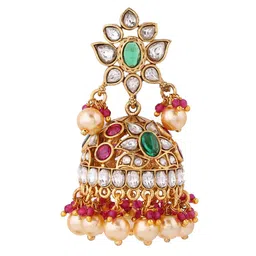 Priyaasi Gold-Plated Kundan Stone Studded & Pearls Beaded Dome Shaped Jhumkas image 4