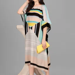 Exotic India Women Multicolor Stripe Print Rayon Boat Neck Midi Kaftan image 4