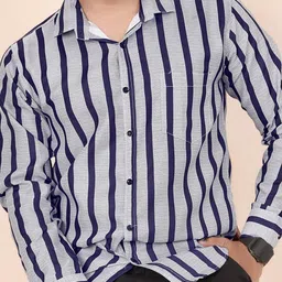 HKV FASHION Men Vertical Striped Spread Collar Cotton Casual Shirt image 3