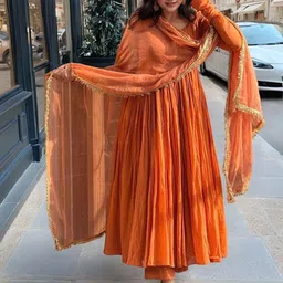 GoSriKi Round Neck Pleated Anarkali Kurta With Trousers & Dupatta image 3