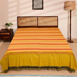 Fabindia Green & Red Striped Cotton Double King Bed Cover-image-7
