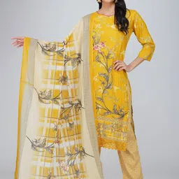 Charitra Women Floral Printed Regular Pure Cotton Kurti with Trousers & With Dupatta-picture-0