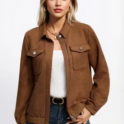 DressBerry Women Coffee Brown Solid Long Sleeves Jackets-image-47