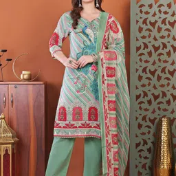 SINGNI Women Ethnic Motifs Printed Pure Cotton Kurta With Trousers & Dupatta-picture-19