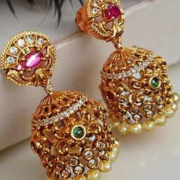 BlingNation Women Gold and Multi Stone Embellished Jhumka Earrings-picture-32