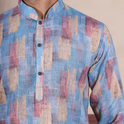 PulseIQ Men Blue Linen Kurta Sets image 5